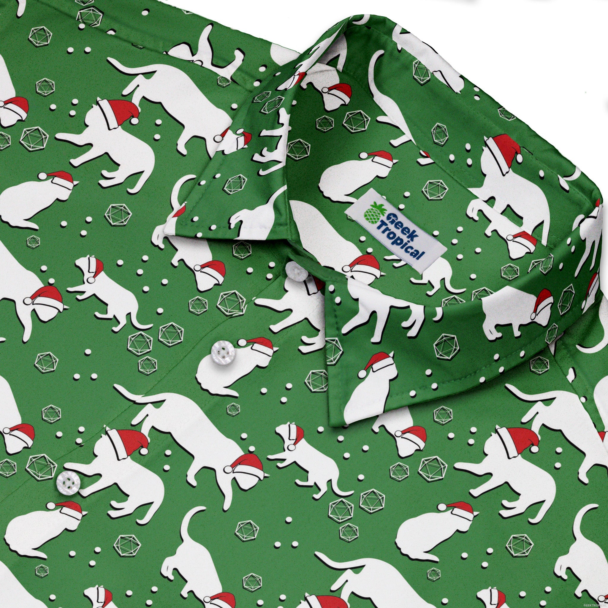 Dnd Christmas Dice Cats Button Up Shirt Geek Nerd adult sizing Christmas Print Design by Heather Davenport