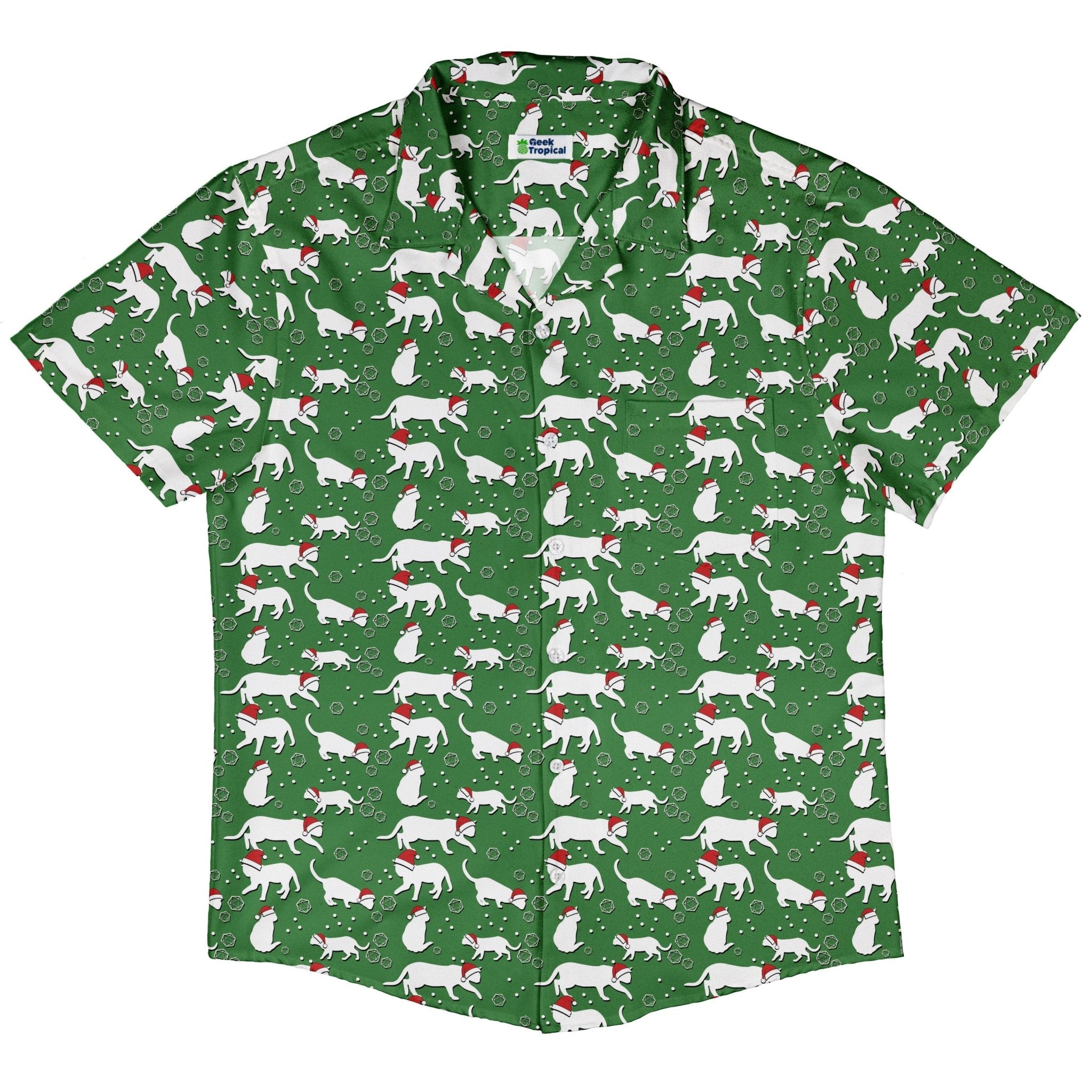 Dnd Christmas Dice Cats Button Up Shirt Geek Nerd adult sizing Christmas Print Design by Heather Davenport