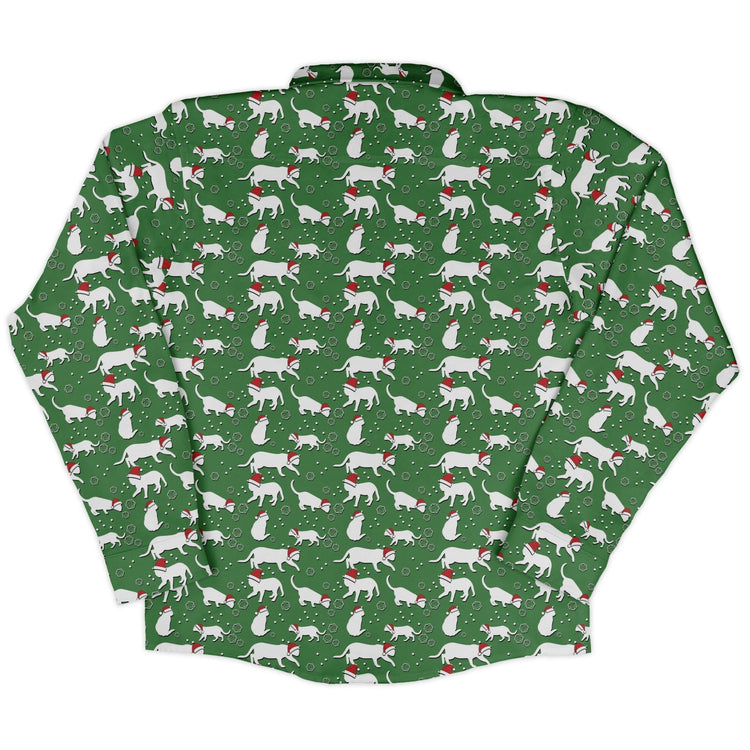 Dnd Christmas Dice Cats Long Sleeve Button Up Shirt Geek Nerd adult sizing Christmas Print Design by Heather Davenport