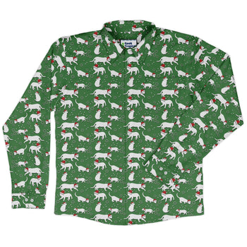 Dnd Christmas Dice Cats Long Sleeve Button Up Shirt Geek Nerd adult sizing Christmas Print Design by Heather Davenport