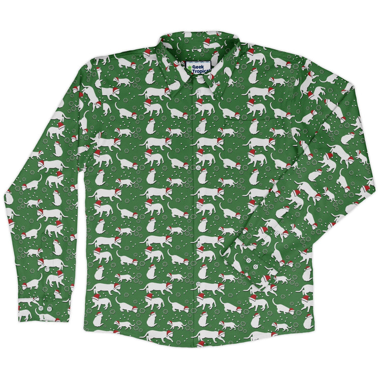 Dnd Christmas Dice Cats Long Sleeve Button Up Shirt Geek Nerd adult sizing Christmas Print Design by Heather Davenport