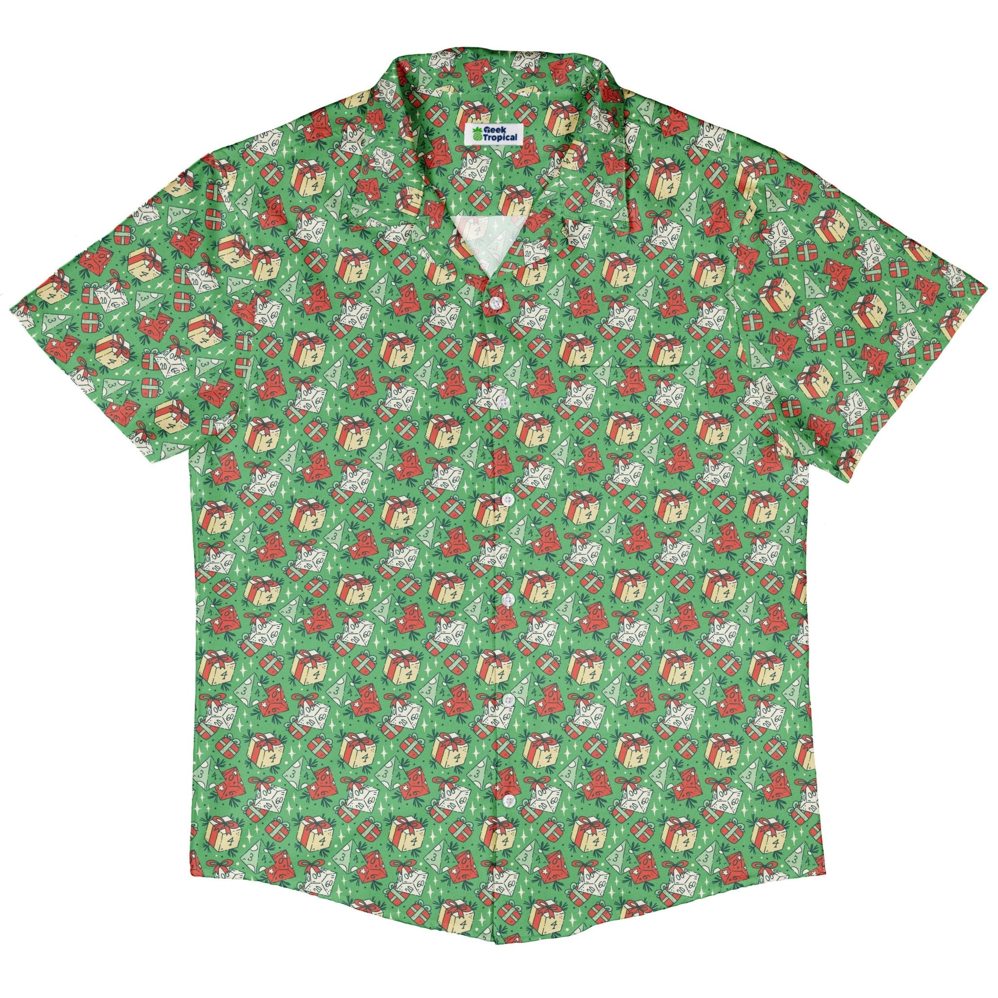 Dnd Christmas Dice Presents Button Up Shirt Geek Nerd adult sizing Christmas Print