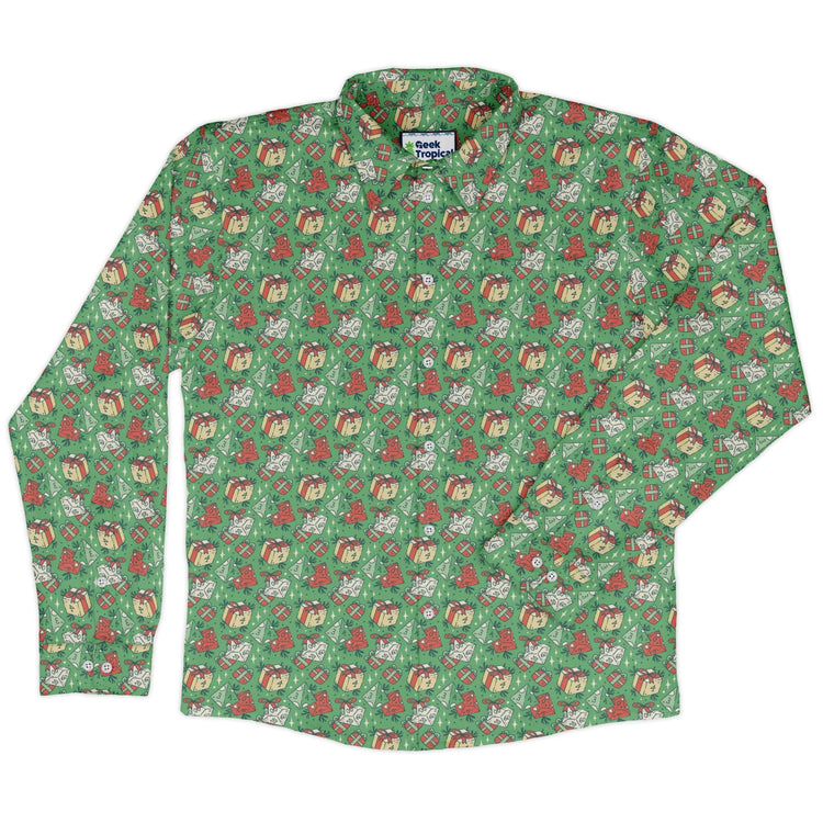 Dnd Christmas Dice Presents Long Sleeve Button Up Shirt Geek Nerd adult sizing Christmas Print dnd & rpg print