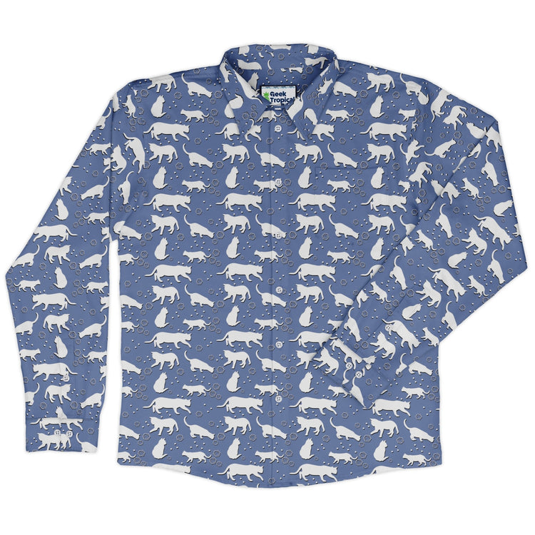 Dnd Dice Cats Long Sleeve Button Up Shirt Geek Nerd adult sizing Animal Patterns Design by Heather Davenport