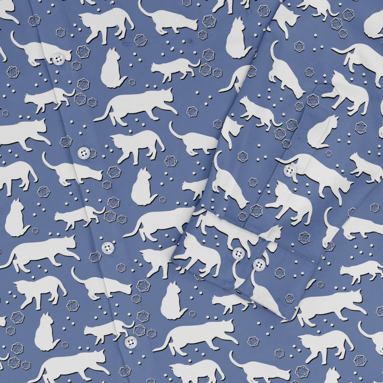 Dnd Dice Cats Long Sleeve Button Up Shirt Geek Nerd adult sizing Animal Patterns Design by Heather Davenport