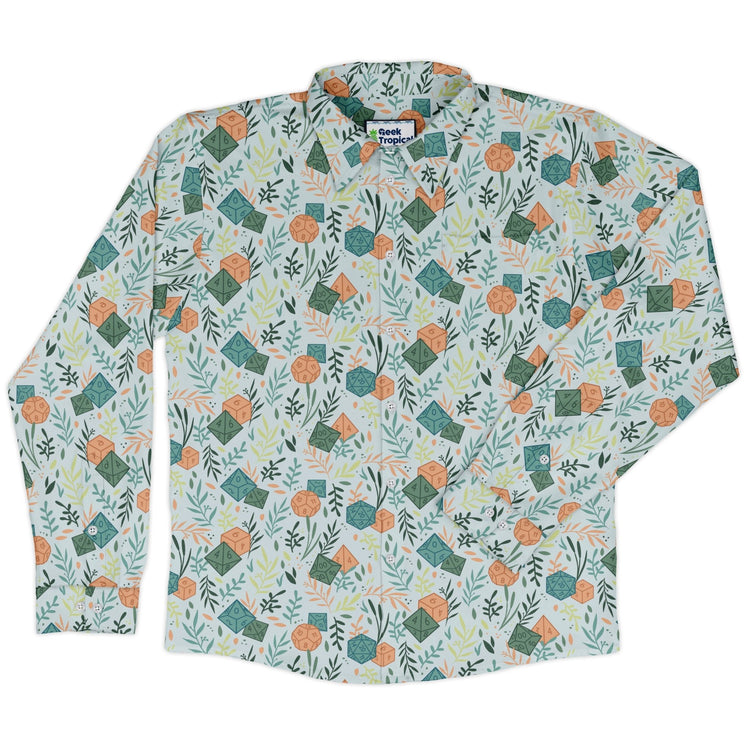 Dnd Dice Plants Long Sleeve Button Up Shirt Geek Nerd adult sizing dnd & rpg print FLOW DESC WRITING