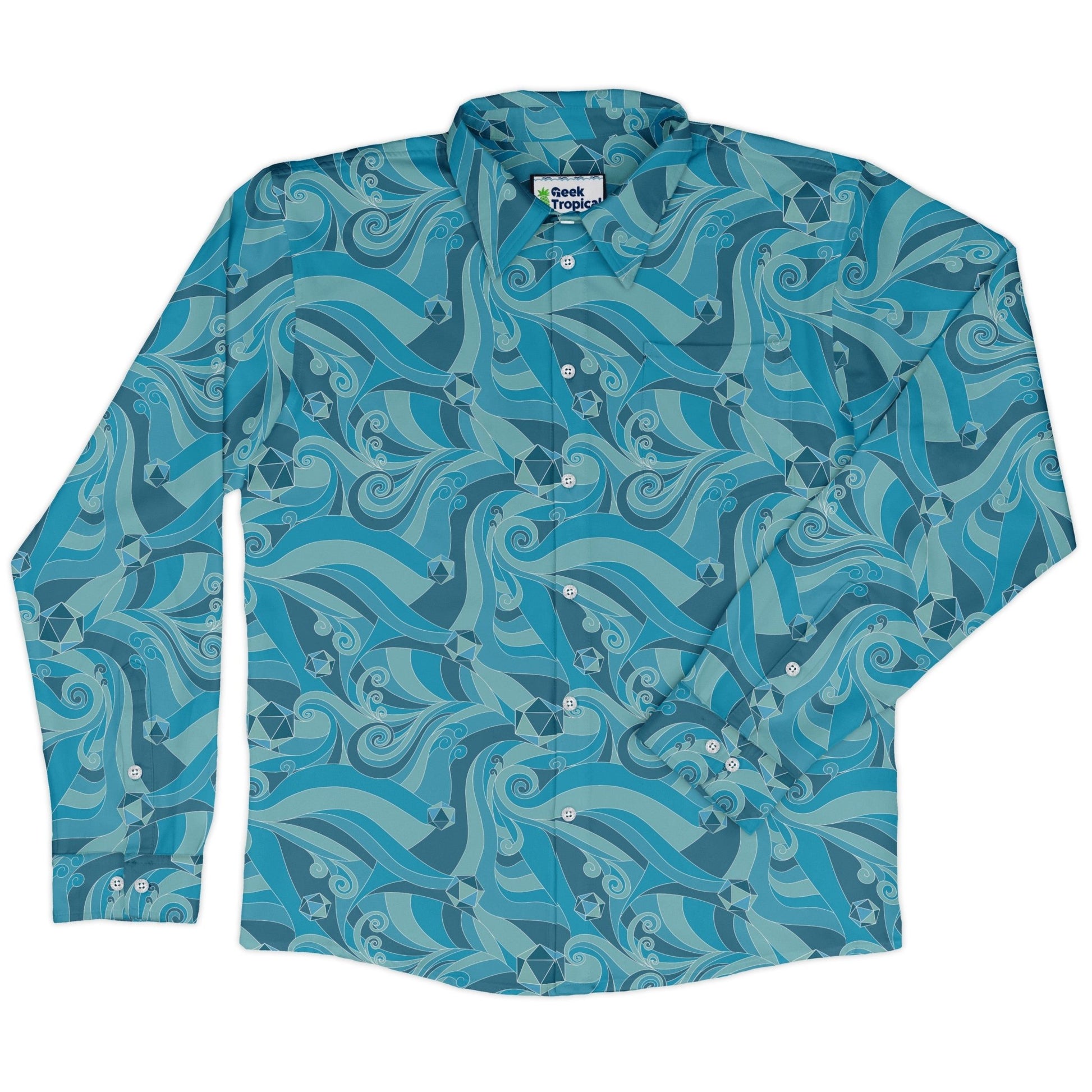 Dnd Dice Swirl Blue Long Sleeve Button Up Shirt Geek Nerd 0925 adult sizing All Adult Button Up Shirts