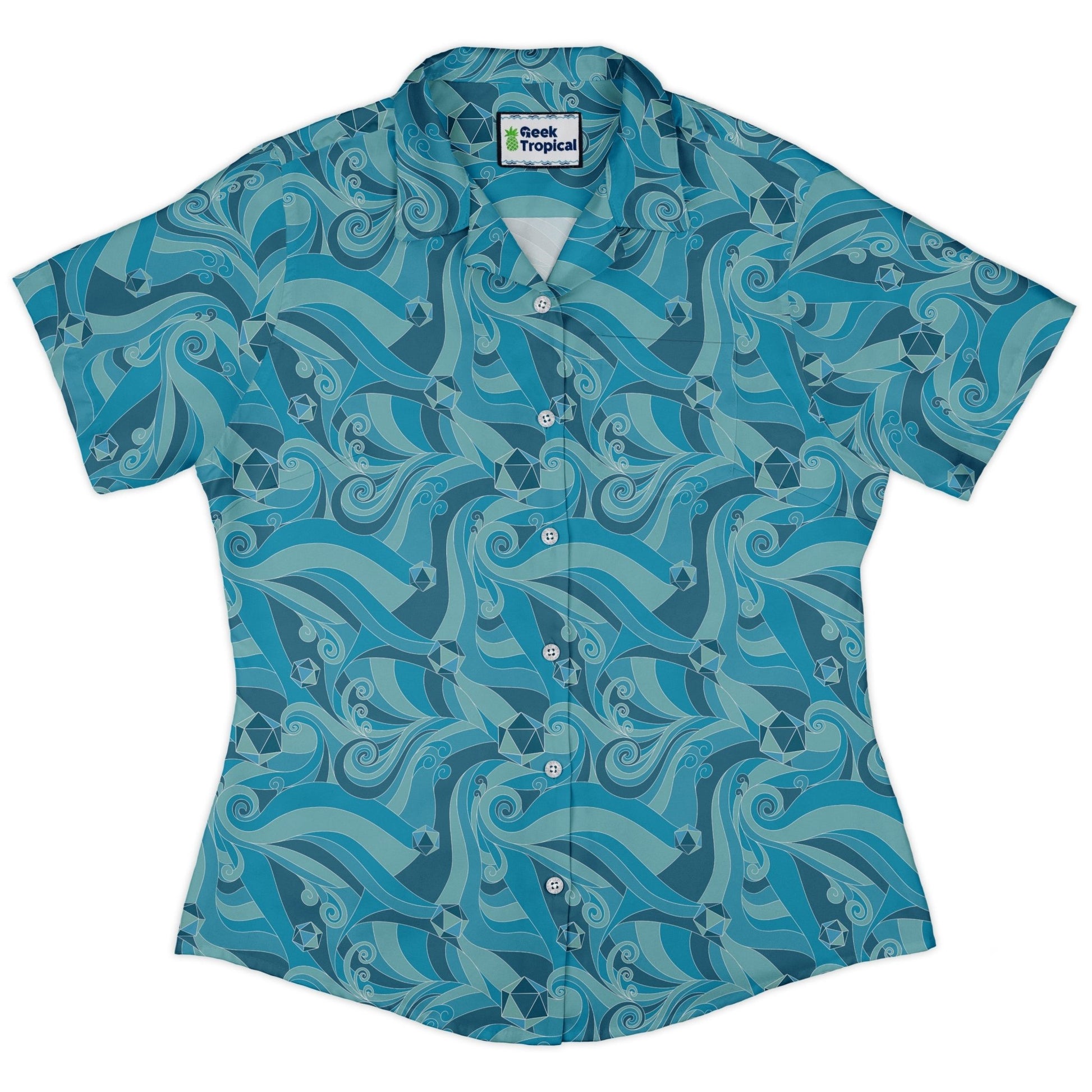 Dnd Dice Swirl Blue Curvy Button Up Shirt Geek Nerd 0925 All Adult Button Up Shirts board game print