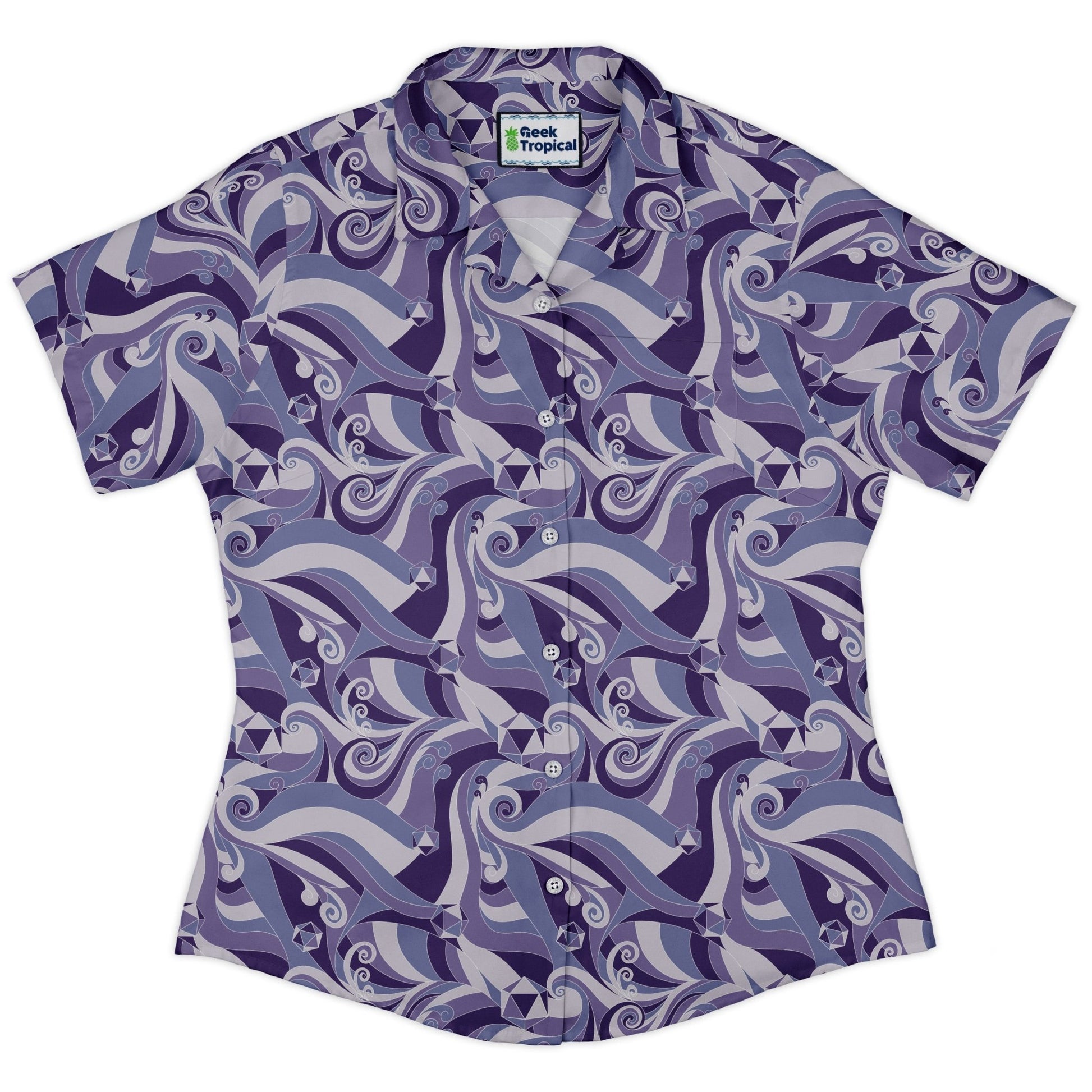 Dnd Dice Swirls Purple Curvy Button Up Shirt Geek Nerd 0925 All Adult Button Up Shirts board game print