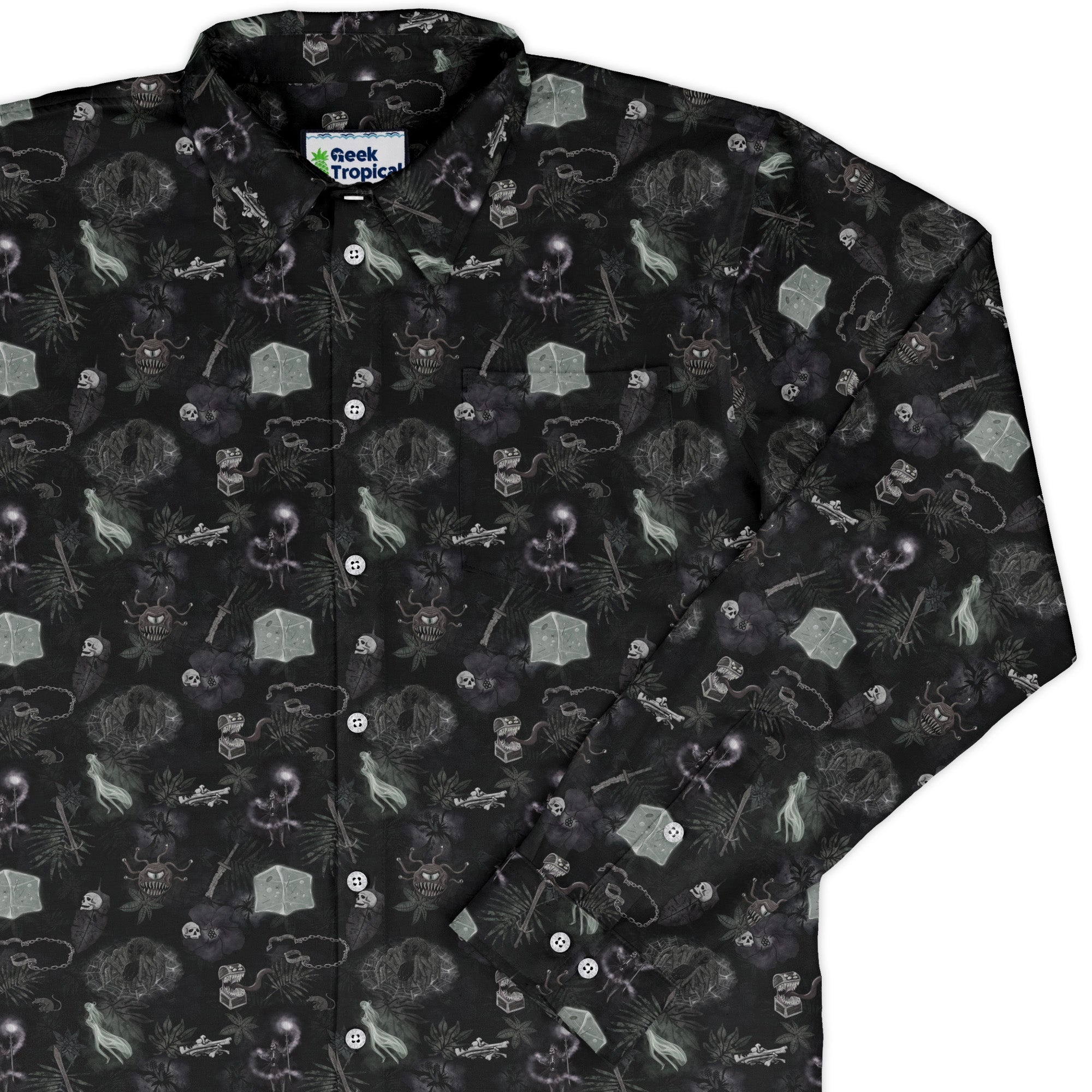 Dnd Dungeon Monsters Midnight Long Sleeve Button Up Shirt Geek Nerd adult sizing Designs by Nathan dnd & rpg print