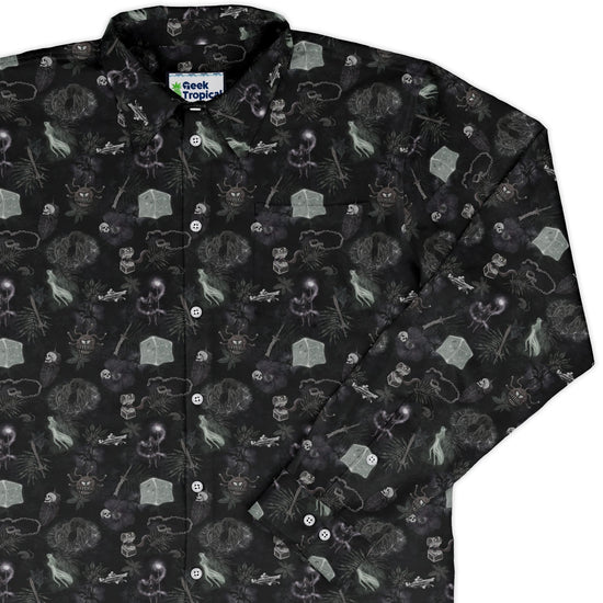Dnd Dungeon Monsters Midnight Long Sleeve Button Up Shirt Geek Nerd adult sizing Designs by Nathan dnd & rpg print