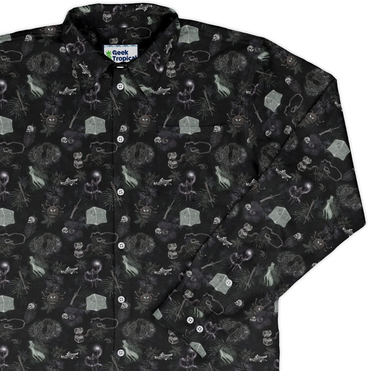 Dnd Dungeon Monsters Midnight Long Sleeve Button Up Shirt Geek Nerd adult sizing Designs by Nathan dnd & rpg print