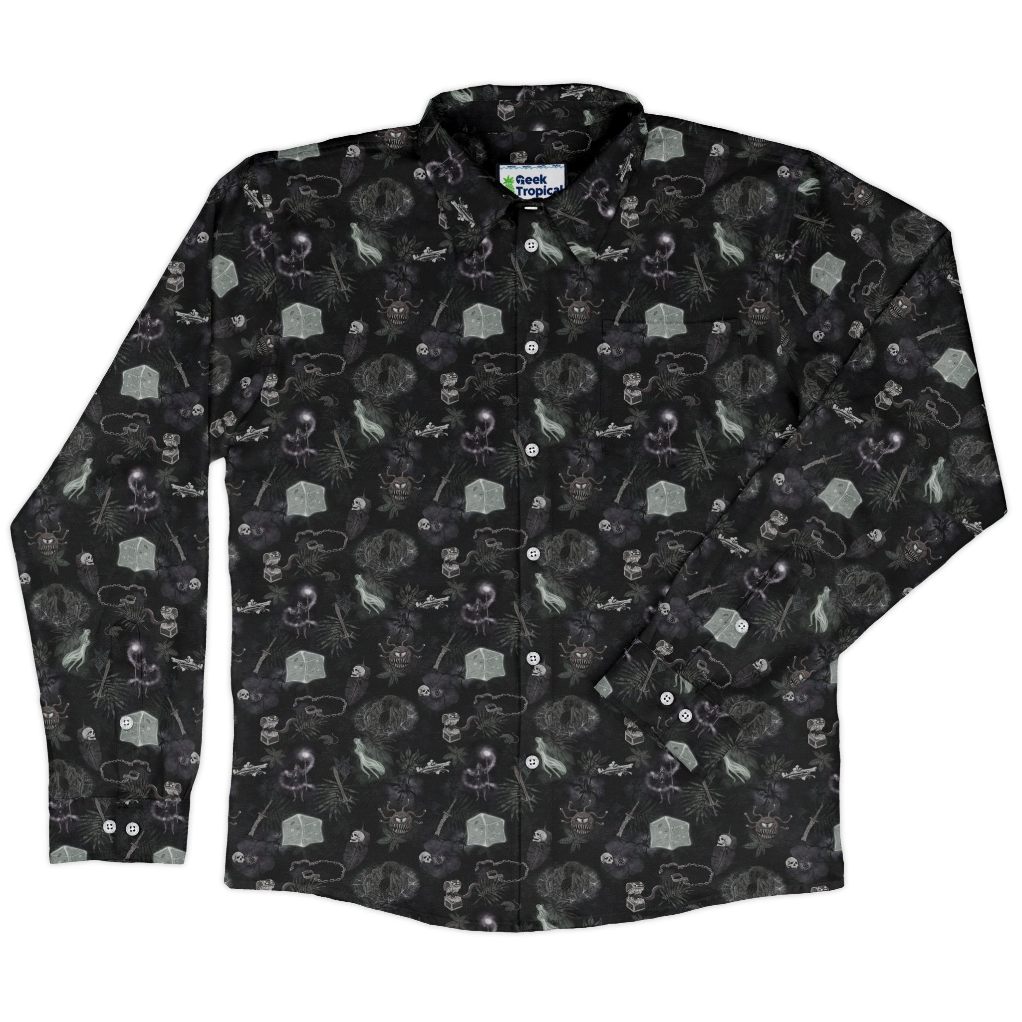Dnd Dungeon Monsters Midnight Long Sleeve Button Up Shirt Geek Nerd adult sizing Designs by Nathan dnd & rpg print
