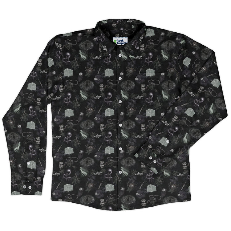 Dnd Dungeon Monsters Midnight Long Sleeve Button Up Shirt Geek Nerd adult sizing Designs by Nathan dnd & rpg print