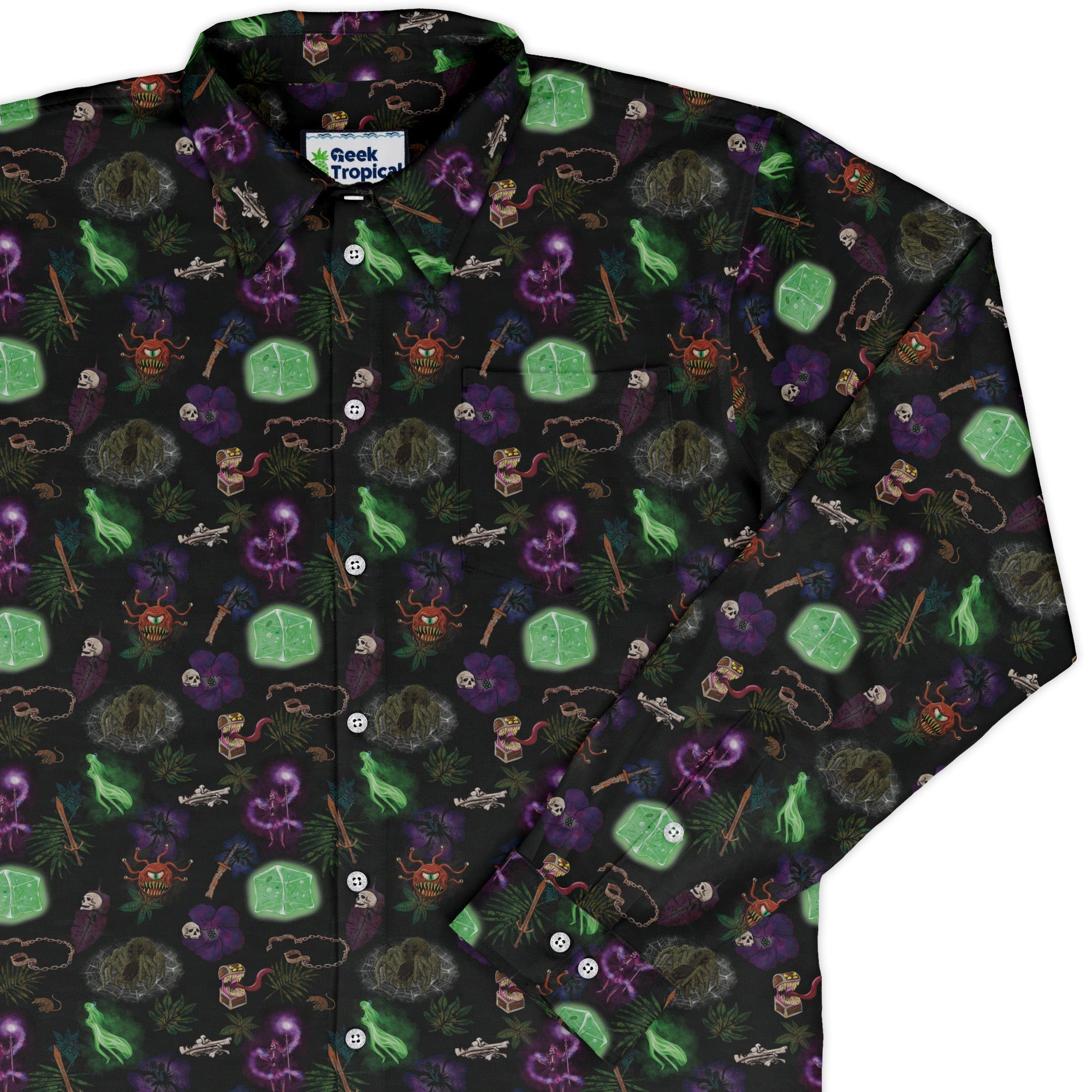 Dnd Dungeon Monsters Long Sleeve Button Up Shirt Geek Nerd adult sizing Designs by Nathan dnd & rpg print