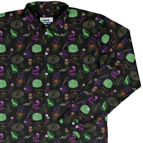 Dnd Dungeon Monsters Long Sleeve Button Up Shirt Geek Nerd adult sizing Designs by Nathan dnd & rpg print