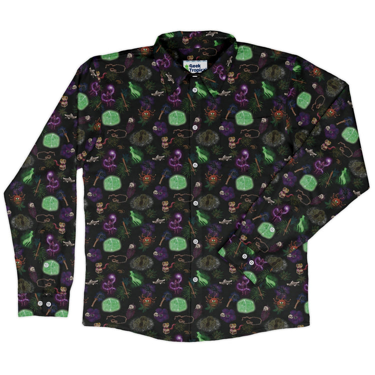 Dnd Dungeon Monsters Long Sleeve Button Up Shirt Geek Nerd adult sizing Designs by Nathan dnd & rpg print