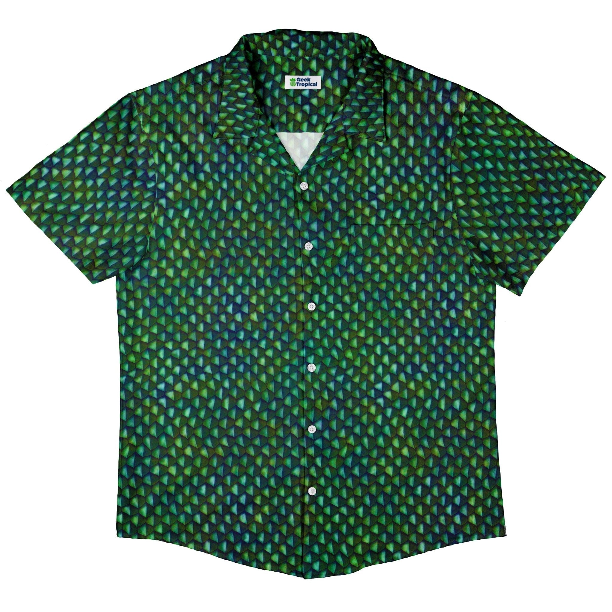 Clearance Ready - to - Ship Green Dragon Scales Button Up Shirt Geek Nerd adult sizing Clearance Designs by Nathan