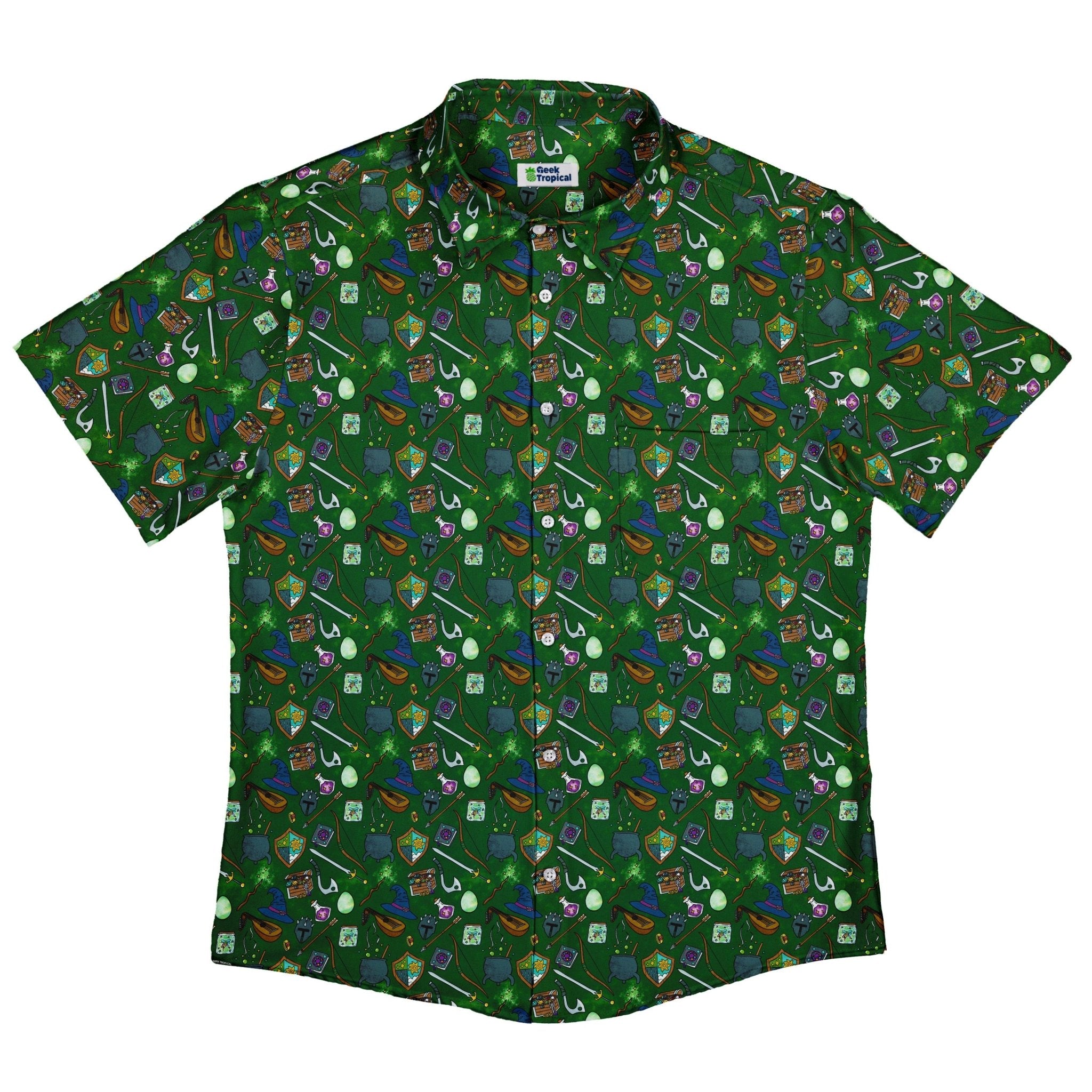 Dnd Hero Inventory Green Button Up Shirt - adult sizing - Designs by Nathan - dnd & rpg print