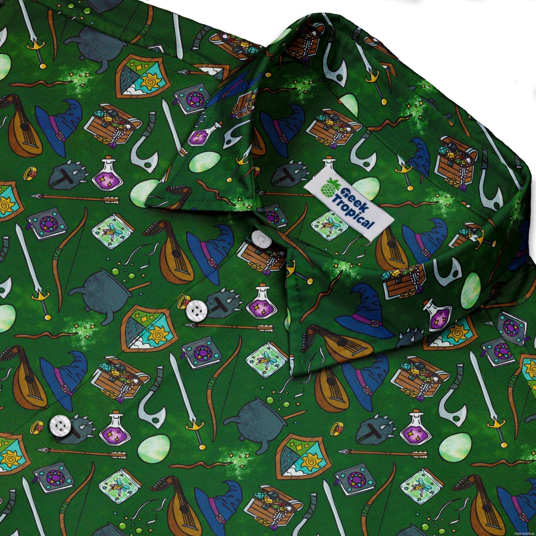 Dnd Hero Inventory Green Button Up Shirt - adult sizing - Designs by Nathan - dnd & rpg print