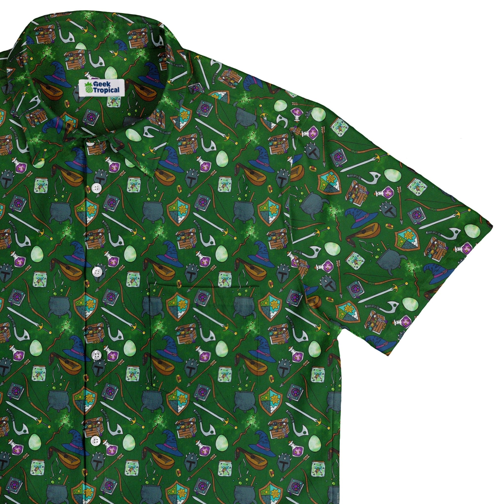 Dnd Hero Inventory Green Button Up Shirt - adult sizing - Designs by Nathan - dnd & rpg print