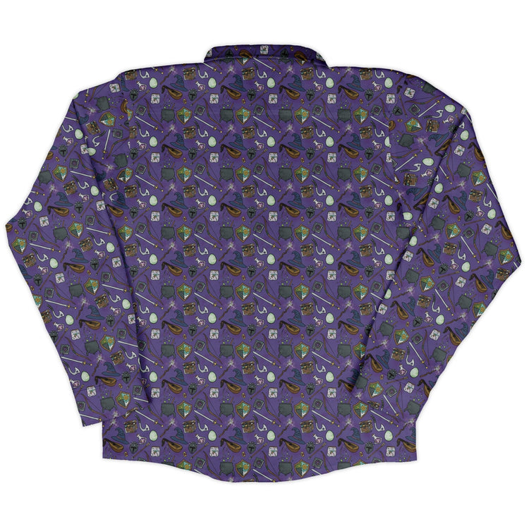 Dnd Hero Inventory Purple Long Sleeve Button Up Shirt Geek Nerd adult sizing Designs by Nathan dnd & rpg print