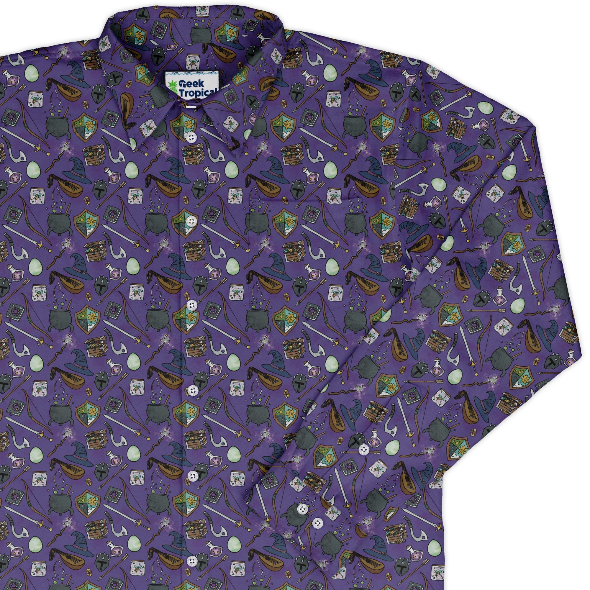 Dnd Hero Inventory Purple Long Sleeve Button Up Shirt Geek Nerd adult sizing Designs by Nathan dnd & rpg print
