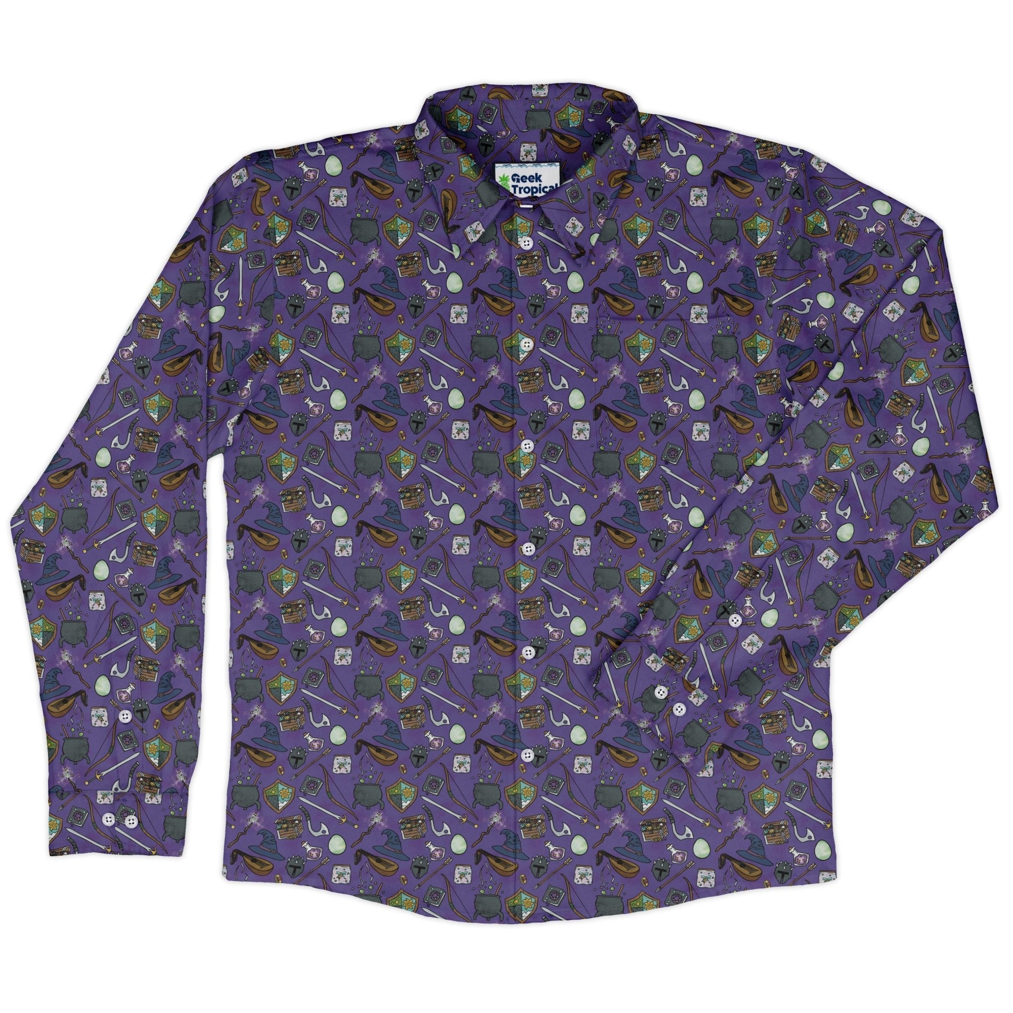 Dnd Hero Inventory Purple Long Sleeve Button Up Shirt Geek Nerd adult sizing Designs by Nathan dnd & rpg print