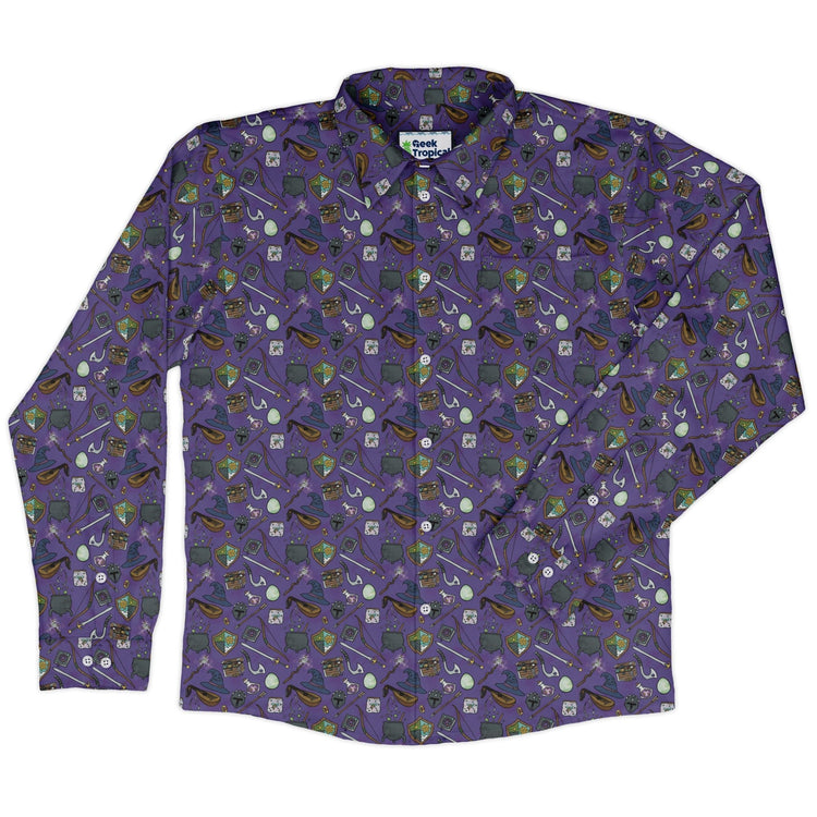 Dnd Hero Inventory Purple Long Sleeve Button Up Shirt Geek Nerd adult sizing Designs by Nathan dnd & rpg print