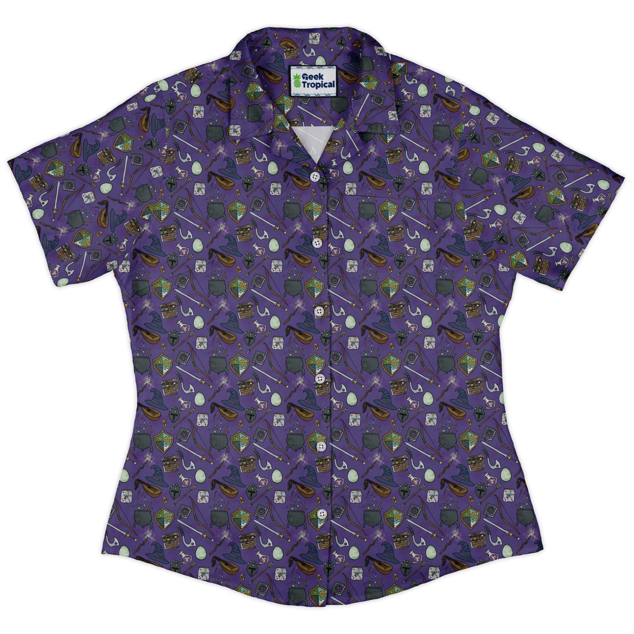 Dnd Hero Inventory Purple Curvy Button Up Shirt Geek Nerd Designs by Nathan dnd & rpg print Q3