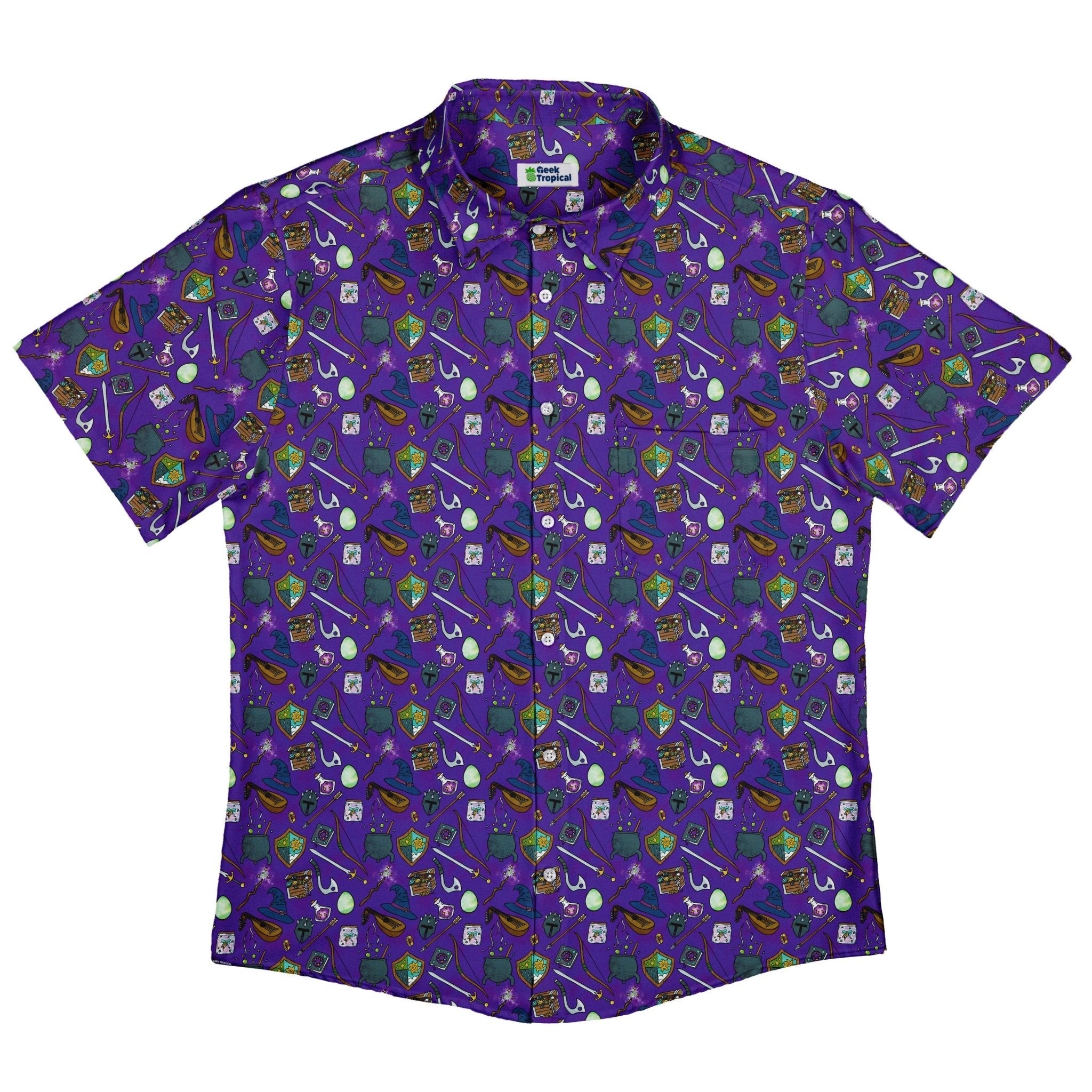 Dnd Hero Inventory Purple Button Up Shirt - adult sizing - Designs by Nathan - dnd & rpg print