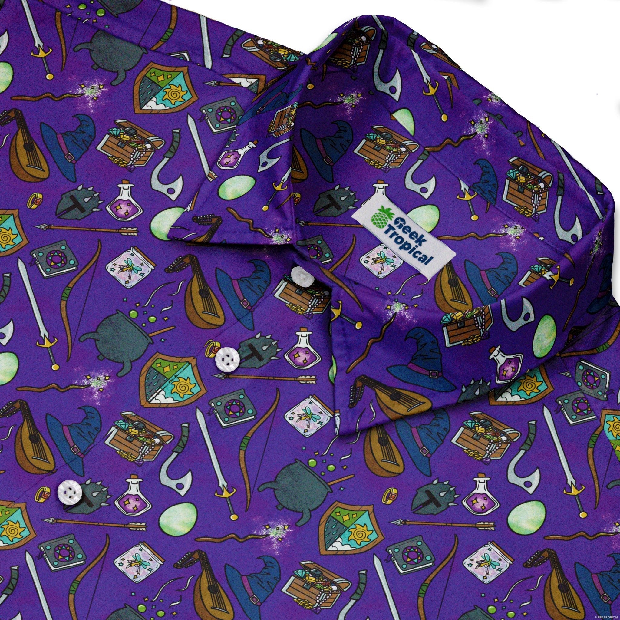 Dnd Hero Inventory Purple Button Up Shirt - adult sizing - Designs by Nathan - dnd & rpg print