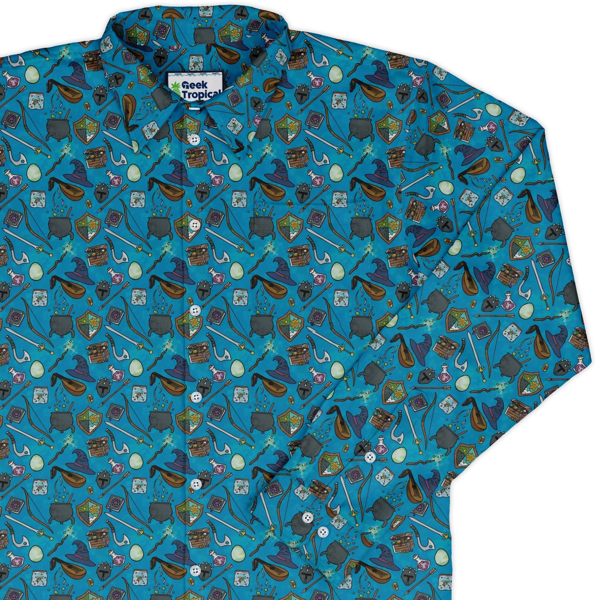 Dnd Hero Inventory Long Sleeve Button Up Shirt Geek Nerd adult sizing Designs by Nathan dnd & rpg print
