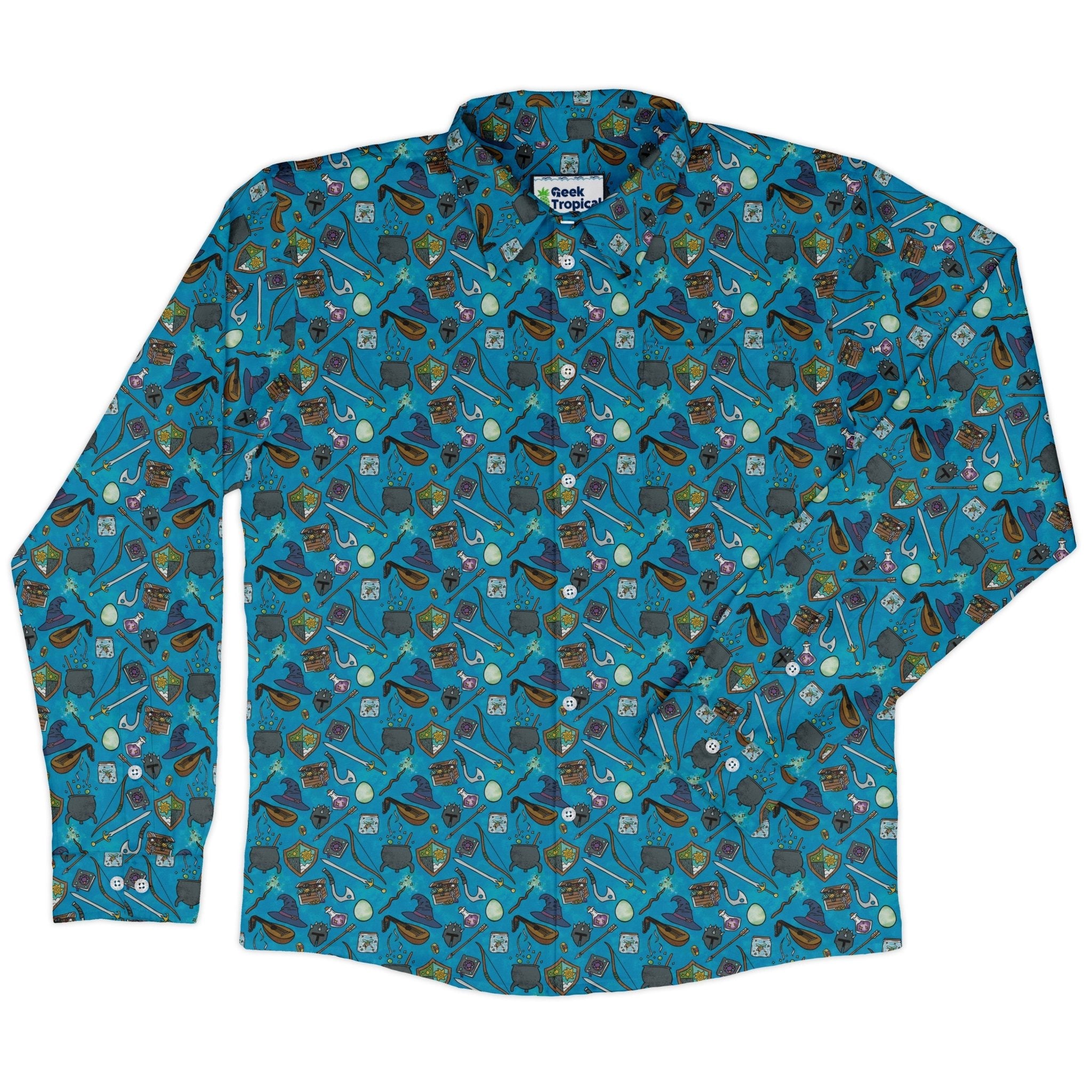 Dnd Hero Inventory Long Sleeve Button Up Shirt Geek Nerd adult sizing Designs by Nathan dnd & rpg print