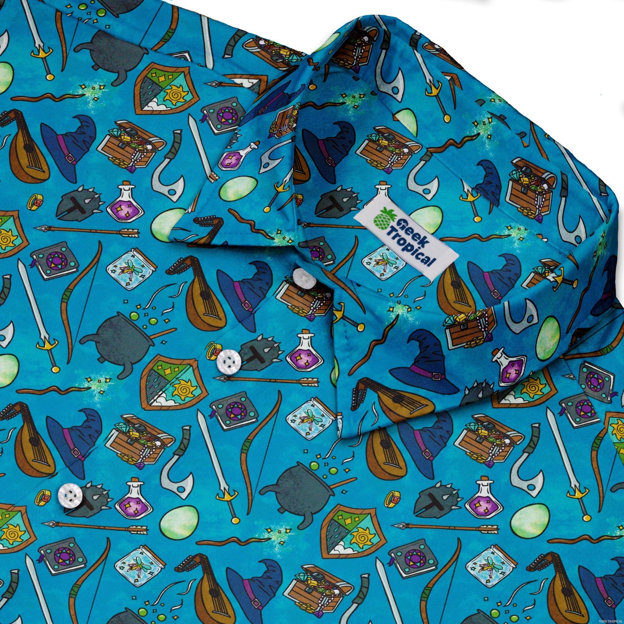 Dnd Hero Inventory Button Up Shirt - adult sizing - Designs by Nathan - dnd & rpg print