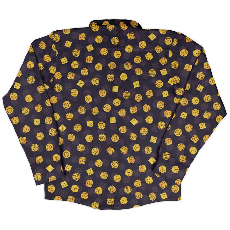 Dnd High Roller Gold Dice Long Sleeve Button Up Shirt Geek Nerd adult sizing dnd & rpg print FLOW DESC WRITING