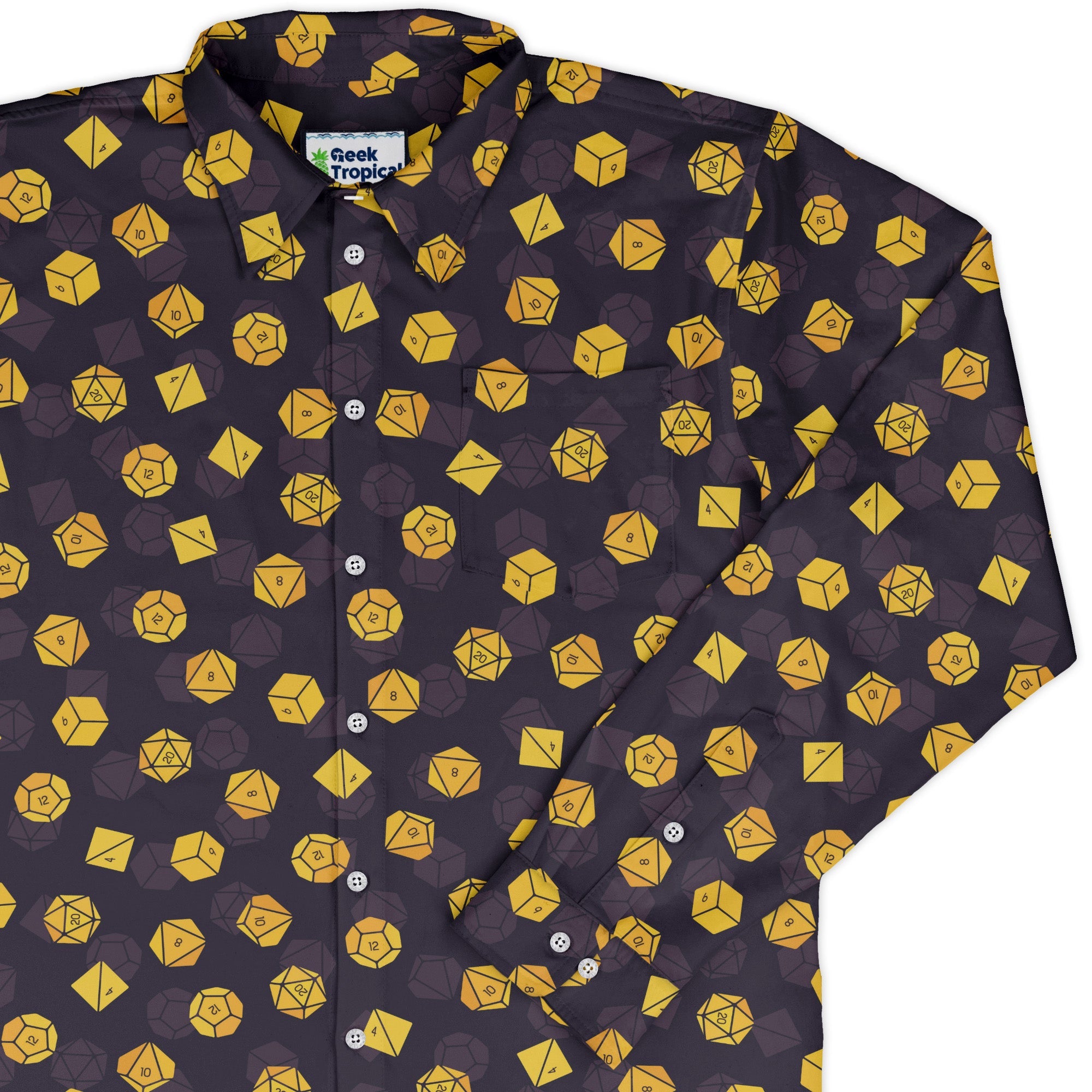 Dnd High Roller Gold Dice Long Sleeve Button Up Shirt Geek Nerd adult sizing dnd & rpg print FLOW DESC WRITING