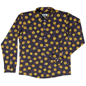 Dnd High Roller Gold Dice Long Sleeve Button Up Shirt Geek Nerd adult sizing dnd & rpg print FLOW DESC WRITING