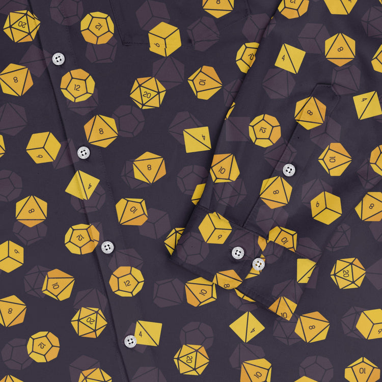 Dnd High Roller Gold Dice Long Sleeve Button Up Shirt Geek Nerd adult sizing dnd & rpg print FLOW DESC WRITING