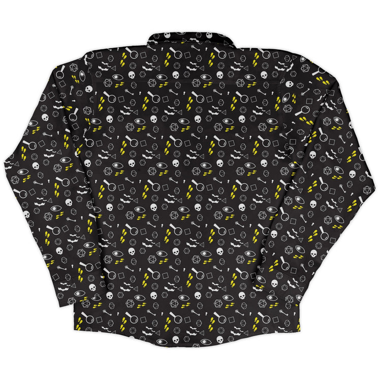 Dnd Horror Mystery Long Sleeve Button Up Shirt Geek Nerd adult sizing Design by Heather Davenport dnd & rpg print