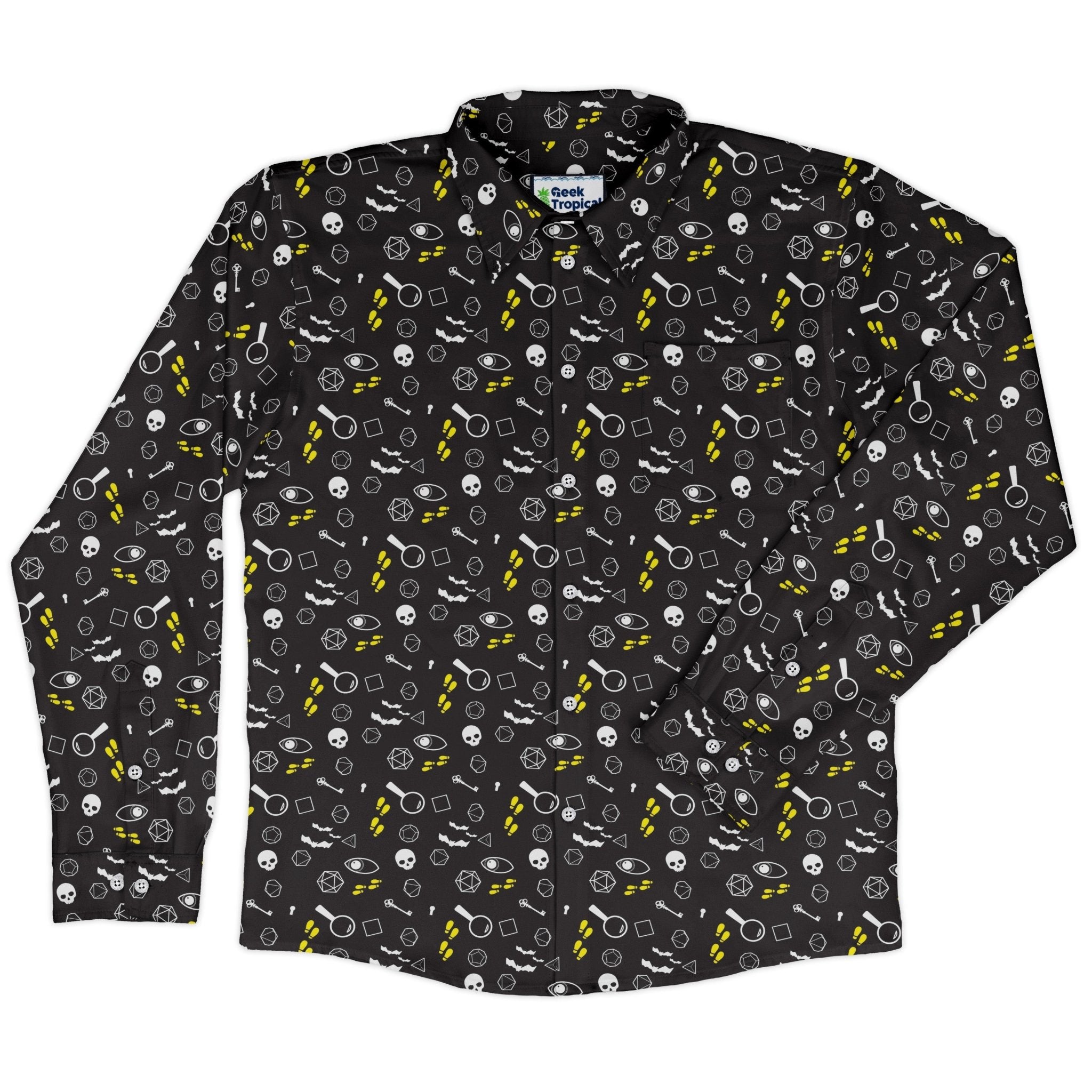 Dnd Horror Mystery Long Sleeve Button Up Shirt Geek Nerd adult sizing Design by Heather Davenport dnd & rpg print