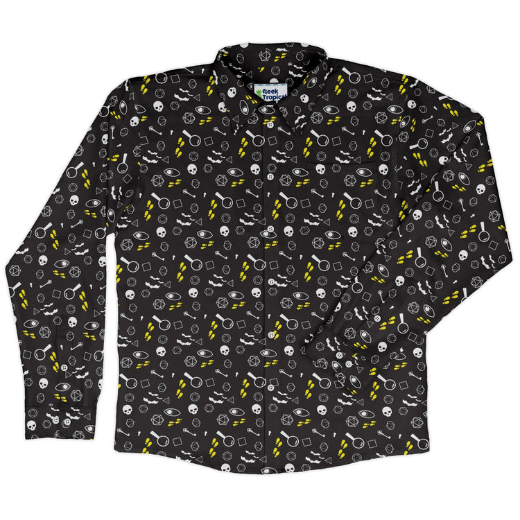 Dnd Horror Mystery Long Sleeve Button Up Shirt Geek Nerd adult sizing Design by Heather Davenport dnd & rpg print