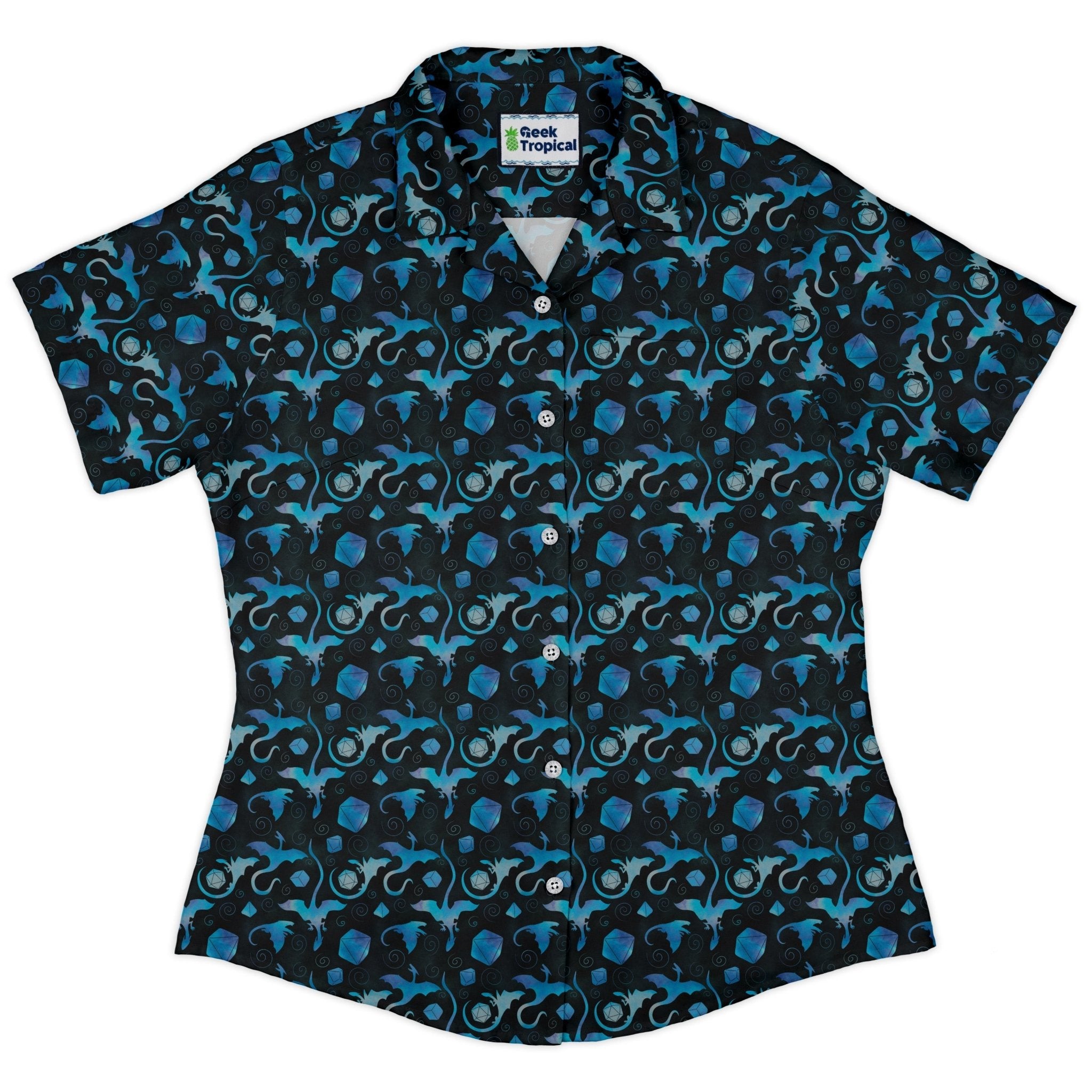 Dnd Mystic Blue Dragons Curvy Button Up Shirt Geek Nerd Designs by Nathan dnd & rpg print women