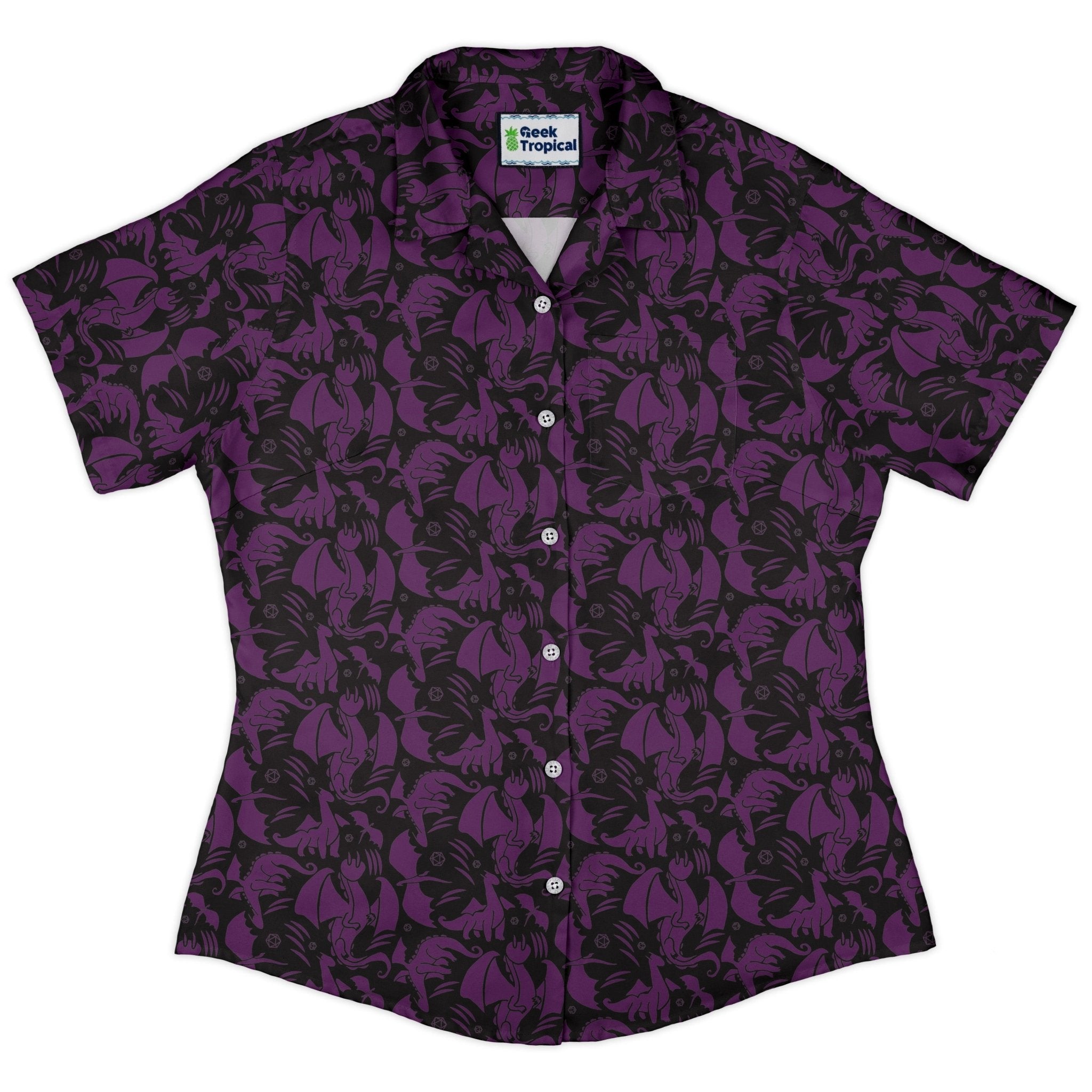 Dnd Purple Dragons Black Curvy Button Up Shirt Geek Nerd Design by Heather Davenport dnd & rpg print fantasy prints