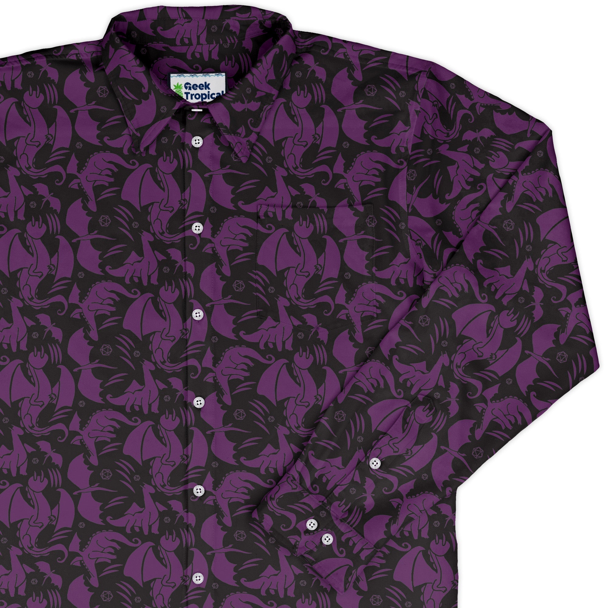 Dnd Purple Dragons Black Long Sleeve Button Up Shirt Geek Nerd adult sizing Design by Heather Davenport dnd & rpg print
