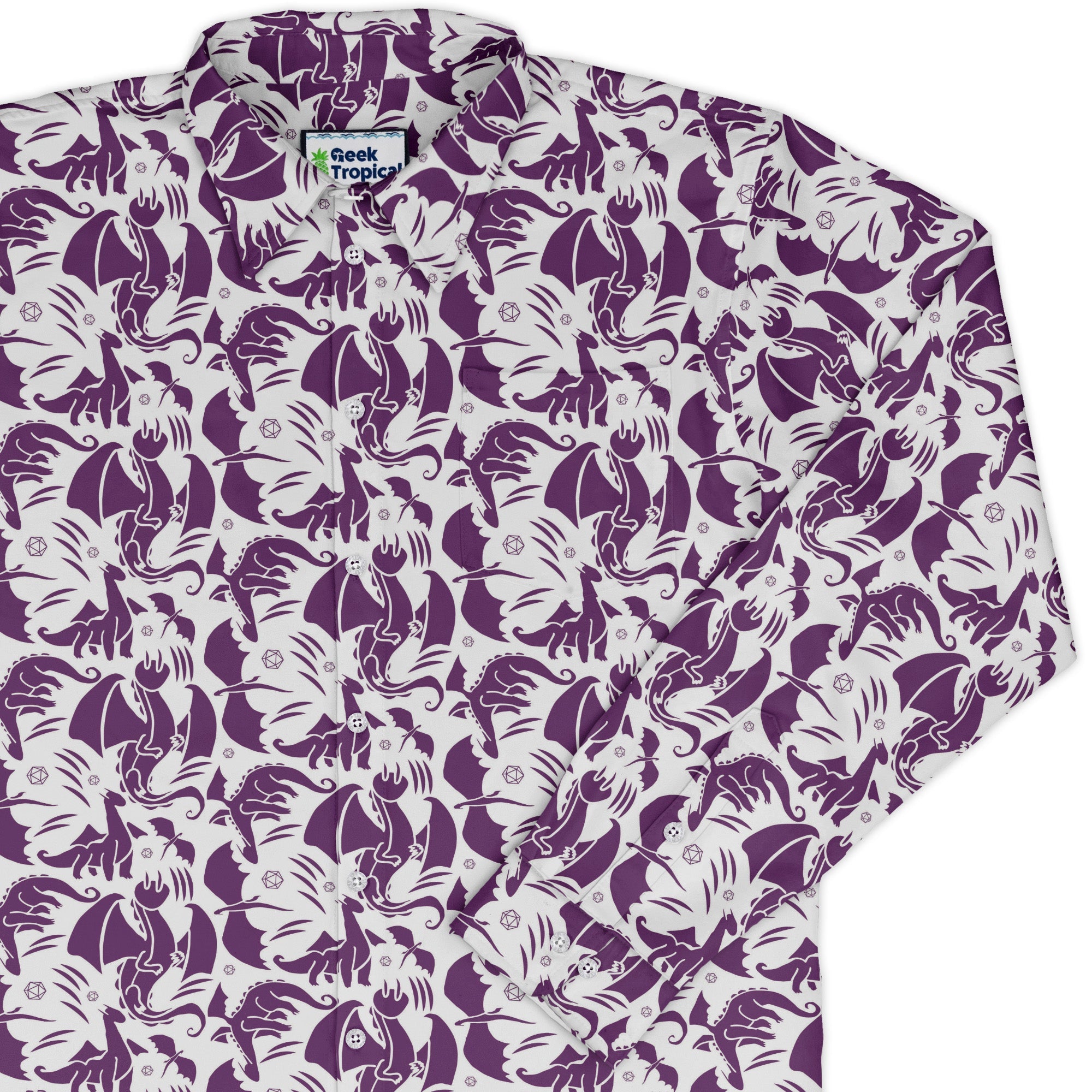 Dnd Purple Dragons Long Sleeve Button Up Shirt Geek Nerd adult sizing Design by Heather Davenport dnd & rpg print