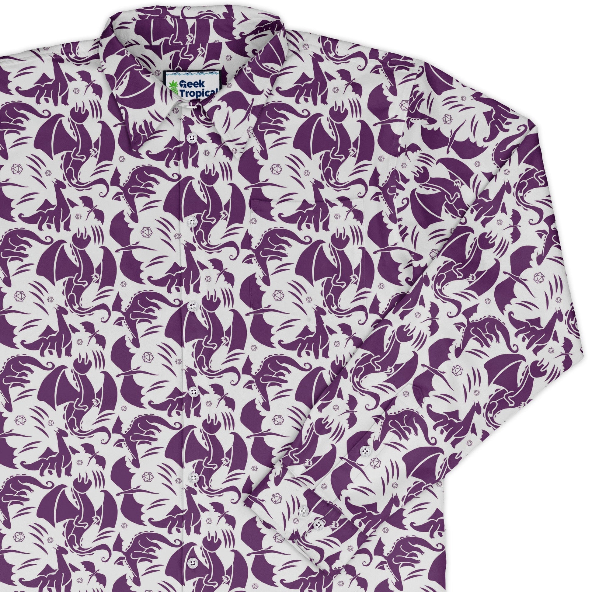 Dnd Purple Dragons Long Sleeve Button Up Shirt Geek Nerd adult sizing Design by Heather Davenport dnd & rpg print