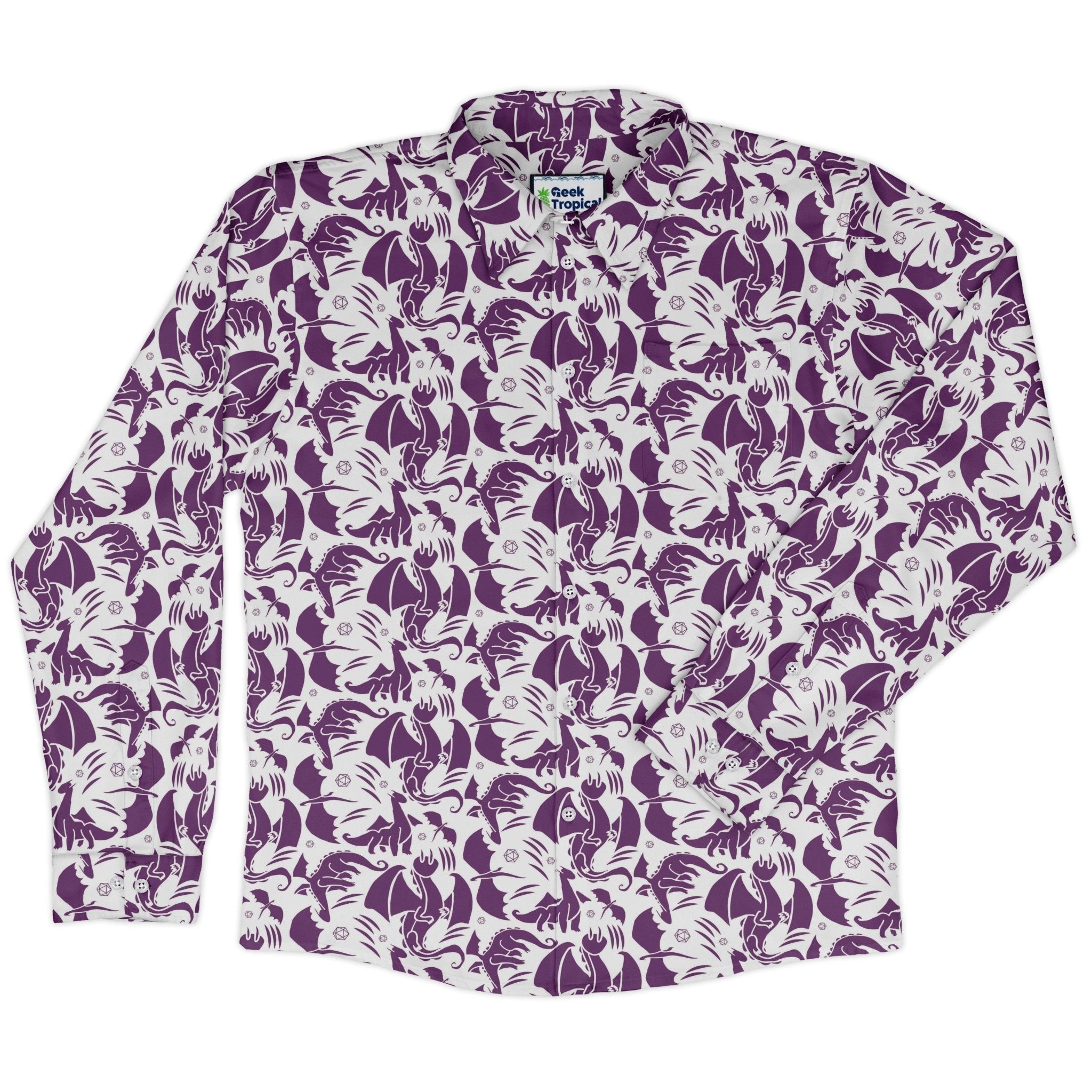 Dnd Purple Dragons Long Sleeve Button Up Shirt Geek Nerd adult sizing Design by Heather Davenport dnd & rpg print