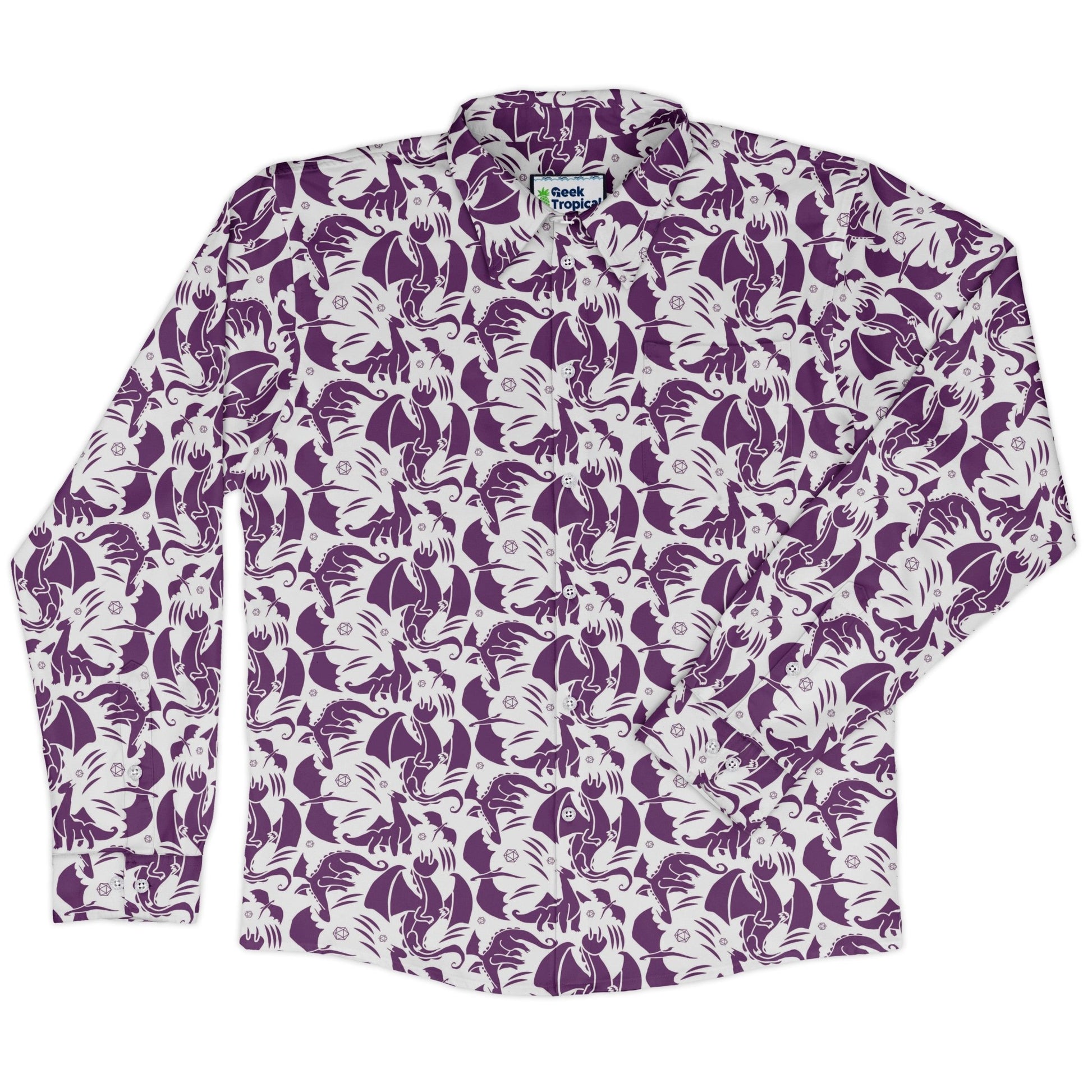 Dnd Purple Dragons Long Sleeve Button Up Shirt Geek Nerd adult sizing Design by Heather Davenport dnd & rpg print