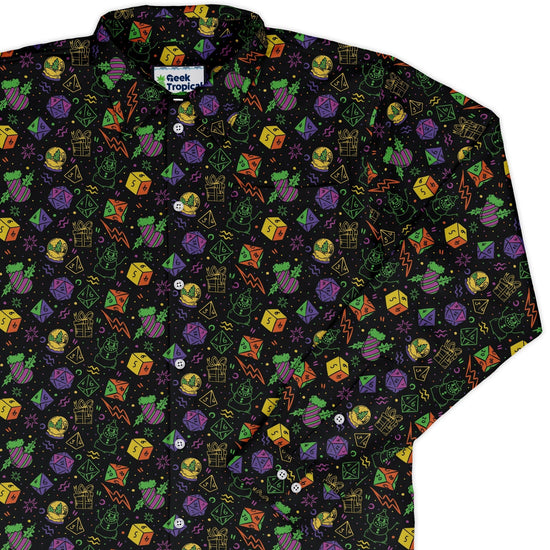 Dnd RPG Christmas Black Long Sleeve Button Up Shirt Geek Nerd adult sizing Christmas Print dnd & rpg print